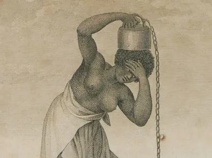 Esclave chargée d'un poids attaché par une chaine à sa cheville