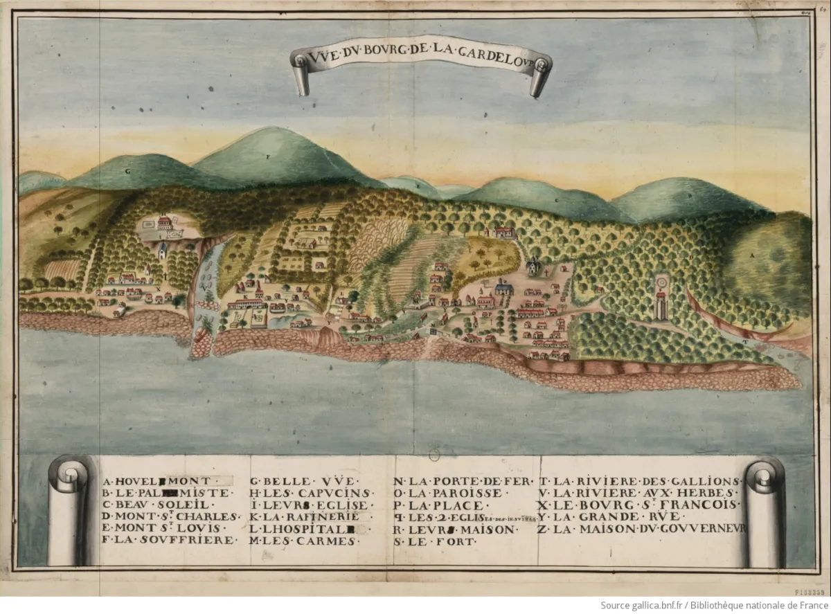 Dessin de la vue du bourg de la Gardeloup