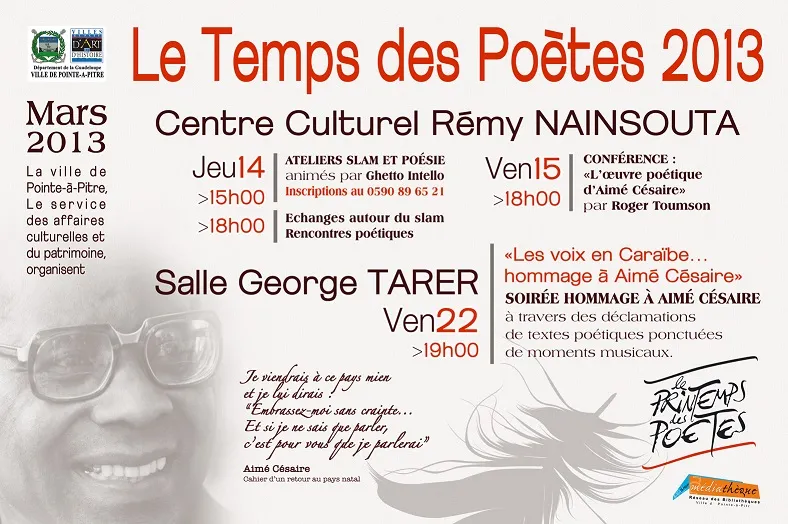 Affiche pour le temps des poètes avec le visage d'Aimé Césaire en fond