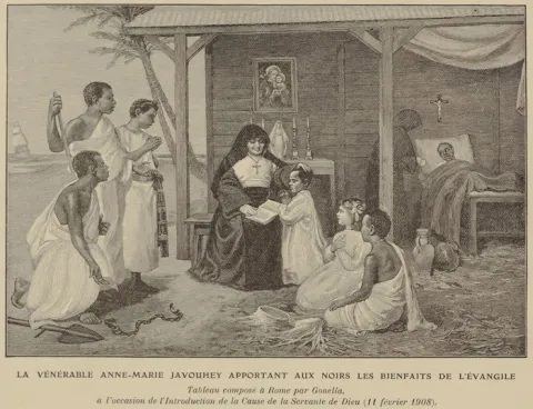 Illustration représentant Anne-Marie Javouhey en mission d'évangélisation en Guyane