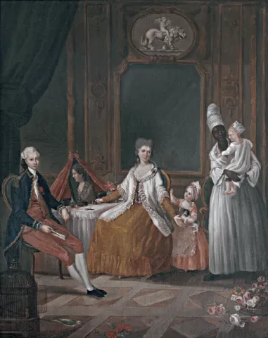 Marius-Pierre Le Masurier (documenté en 1769-1775),  Portrait de famille accompagné d’une nourrice tenant un enfant dans ses bras (en fait, Choiseul-Meuse et sa famille à la Martinique) vers 1775