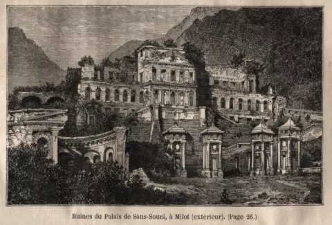 Gravure représentant les ruines du Palais de Sans-Souci