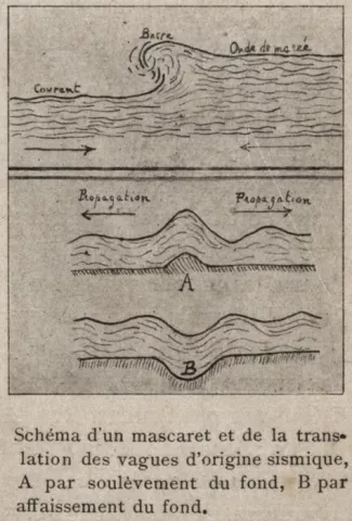 Schéma d'un mascaret et de la transmission des vagues d'origine sismique