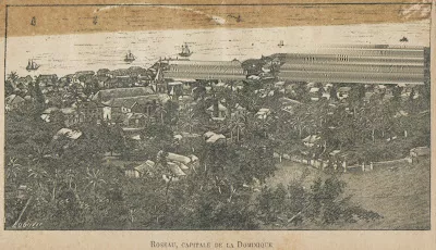 Dessin de Roseau, Capitale de la Dominique extrait de : Nouvelle géographie de l'Ile d'Haïti contenant : Des notions historiques et topographiques sur les autres Antilles