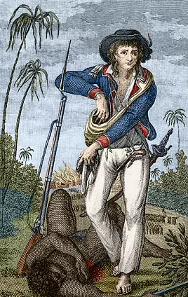 Illustration colorée représentant le capitaine anglo-hollandais John Gabriel Stedman, un esclave marron abattu à ses pieds